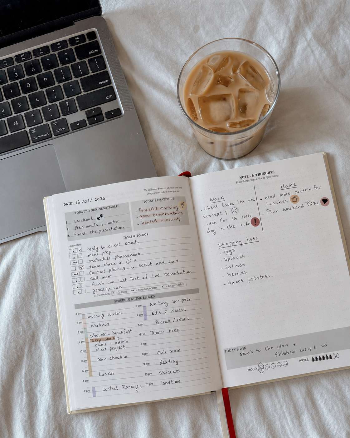 Filled daily planning spread with notes and time blocks