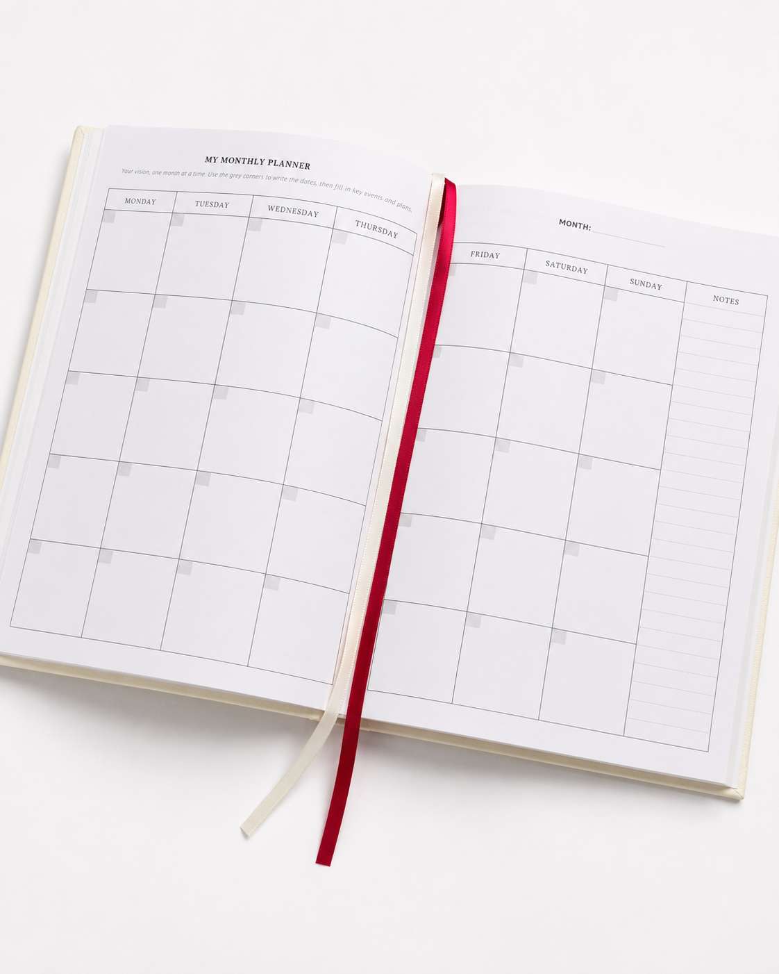 Angled monthly planner spread