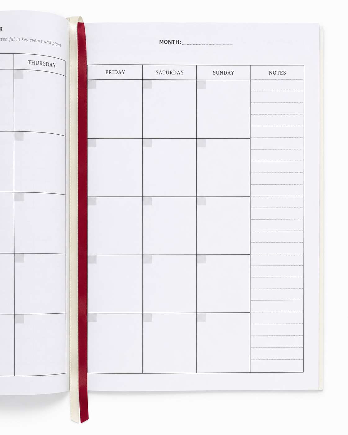 Close-up of the monthly planner right page and notes column