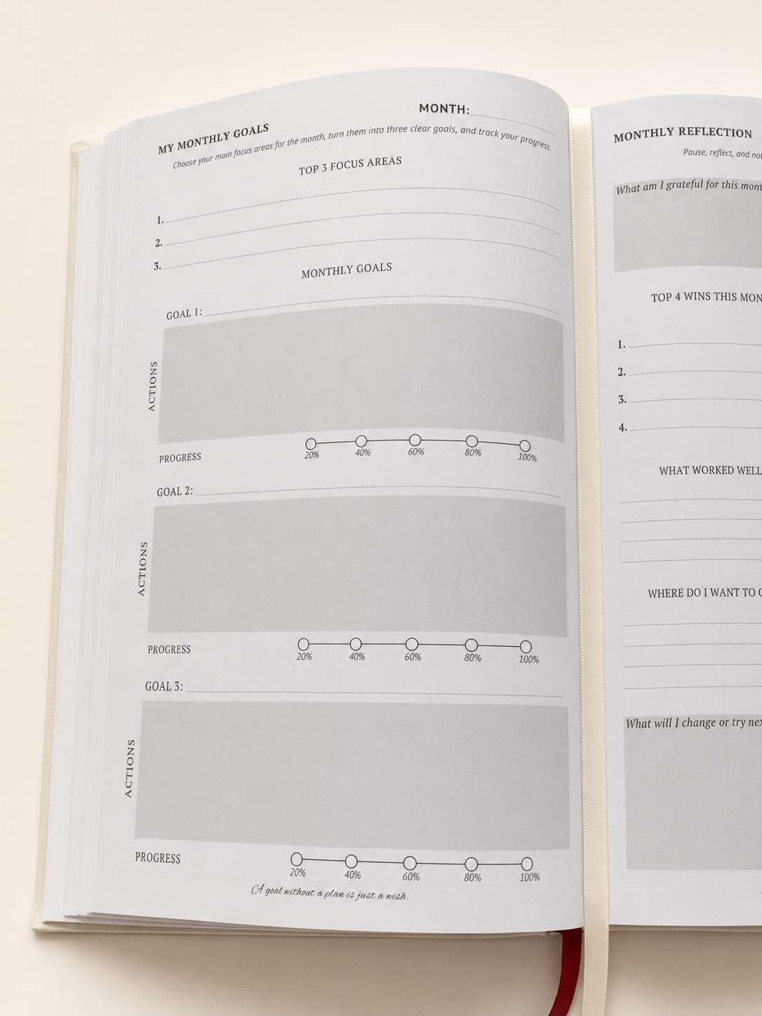 Monthly goals and reflection pages close-up