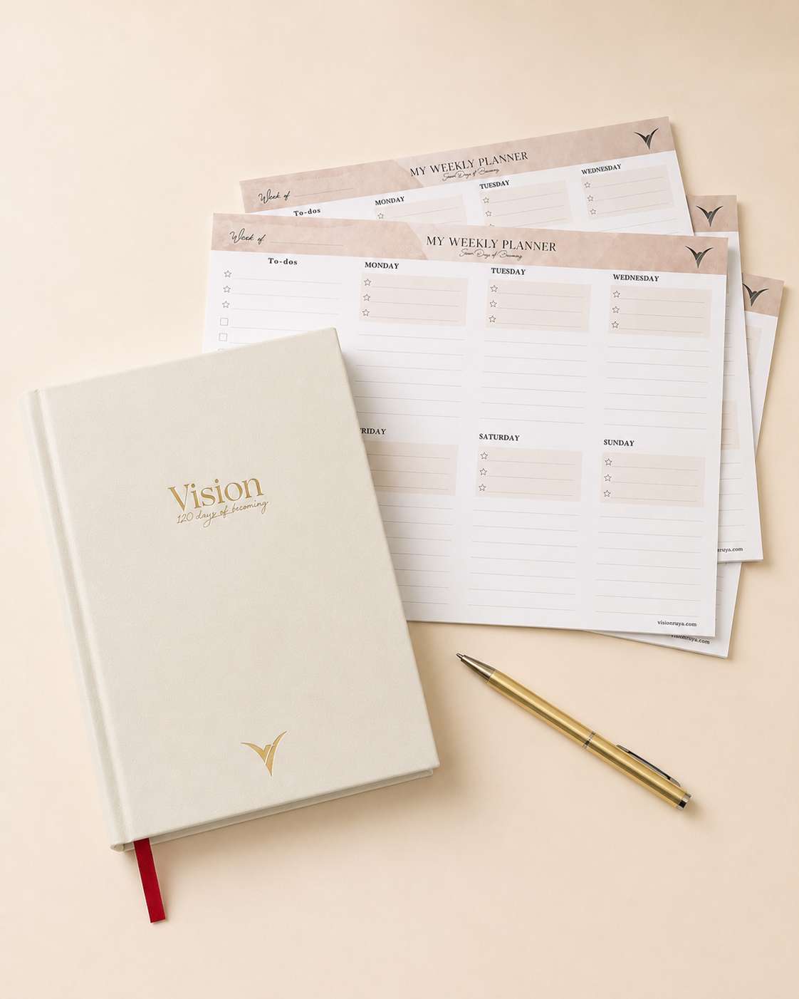 Vision planner with weekly planner sheets and gold pen