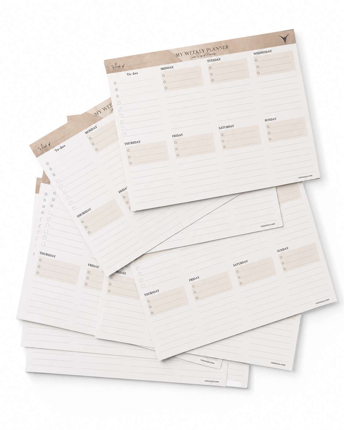 Stack of weekly planner sheets on a white background