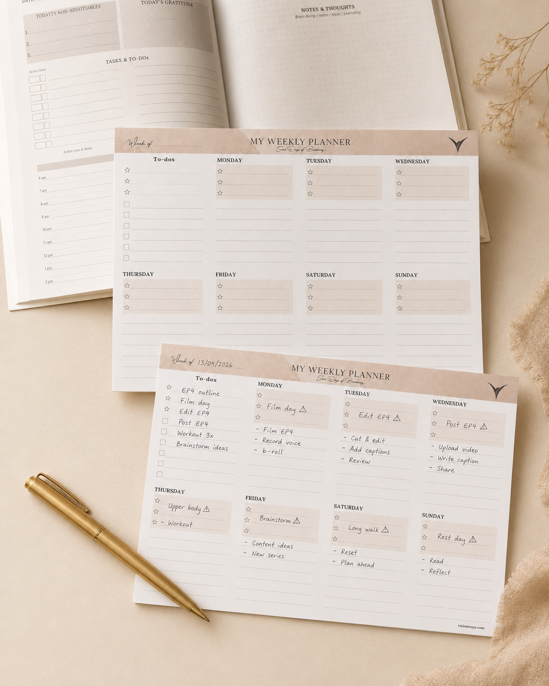 Weekly planner pages for mapping out goals and priorities