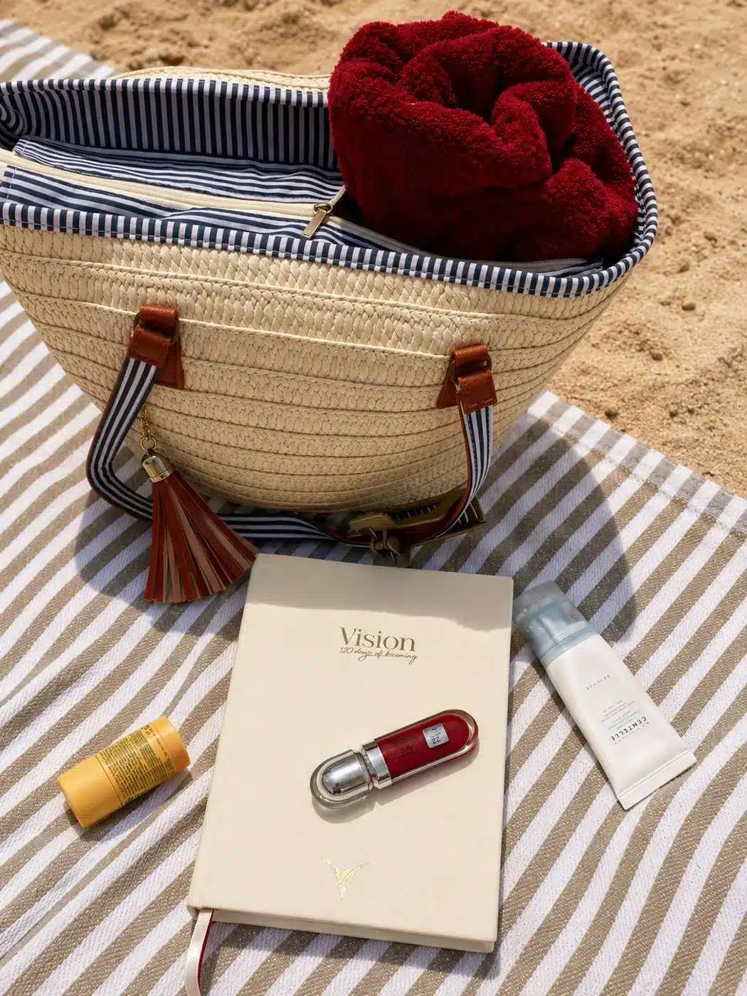 Undated daily planner flatlay styled with everyday beauty essentials